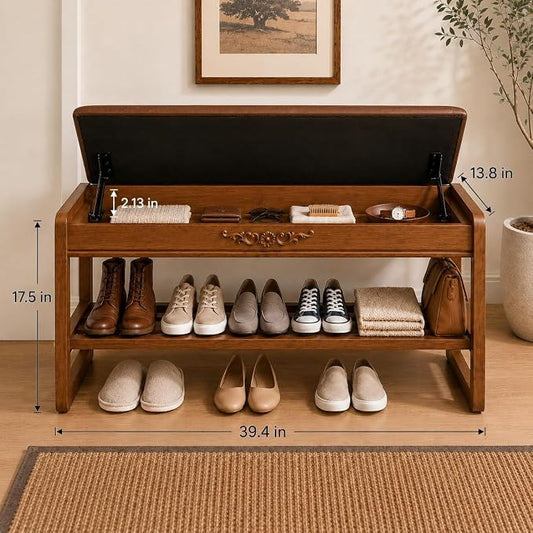 Shoe Rack Bench,2 Tiers Shoe Bench with Storage with Flip-Top,Wood Shoe Rack for Entryway,Hallway(Solid Upholstered Seat,39.4")