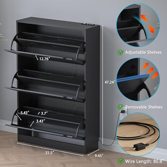 BORNOON Shoe Cabinet with Odor Control and Back Panels, Deodorizing Slim 3-Flip Shoe Storage Cabinet for Entryway, Freestanding Hidden Shoe Rack Organizer for Entrance, Hallway, Bedroom