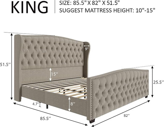 AMERLIFE King Size Platform Bed Frame, Linen Upholstered Bed with Deep Button Tufted & Nailhead Trim Wingback Headboard/No Box Spring Needed/Beige