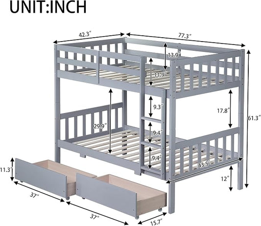Harper & Bright Designs Twin Over Twin Bunk Bed with 2 Drawers, Convertible into 2 Twin Beds, Twin Bunk Bed with Ladder and Safety Guardrails, Gray