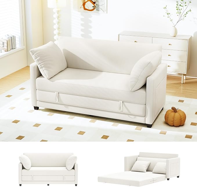 Myroyalsit 65" Convertible Loveseat Sofa Bed, 2-in-1 Folding Sofa Bed with 2 Pillow for Small Spaces, Modern Loveseat Sleeper Couch for Apartment, Living Room & Guest Room (Beige Chenille, 65 inch)
