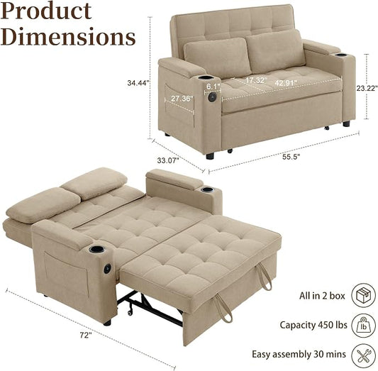 Korser 55.5'' 3-in-1 Convertible Sofa Bed, Pull Out Couch with 5-Position Adjustable Backrest, Loveseat Sleeper Sofa for Small Spaces, Sofa Couch with Cup Holders for Living Room, Office, Chenille