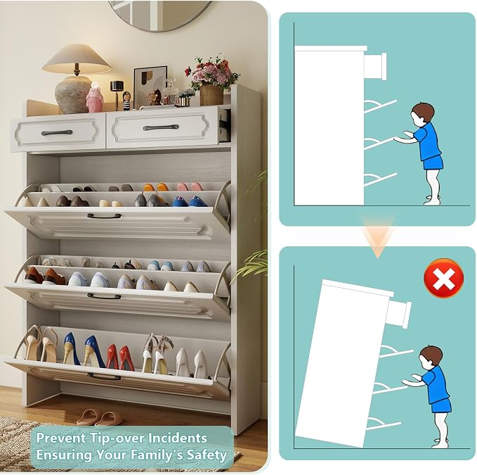 Shoe Cabinet Storage for Entryway with 3 Large Flip Drawers & 2 Storage Drawers, Narrow Shoe Organizer Cabinet Fits for Kinds of Shoes, Slim Shoe Storage Cabinet for Entryway, Hallway, White