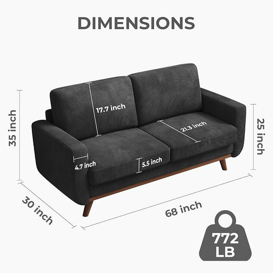 Vesgantti 68" Loveseat Sofa Black, Comfy Corduroy Couch with Spring Cushion and Solid Wood, Modern Extra Deep Seat for Bedroom, Living Room, Office