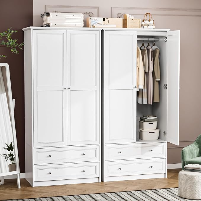 VINGLI Wooden Armoire Wardrobe Closet, 72" H Wardrobe Cabinet Closet, Freestanding Clothing Storage Cabinet, Wooden White Bedroom Armoire, Combination for Hanging Clothes