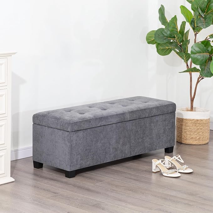 Asense Storage Ottoman Bench,42 inch Upholstered End of Bed Bench,Safety Hinge Storage Bench for Living Room,Bedroom,Entryway (42" Cotton-Linen Grey)