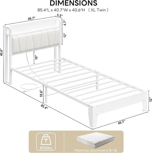 LIKIMIO Twin XL Bed Frames, PU Leather Storage Headboard with Charging Station, Solid and Stable, Noise Free, No Box Spring Needed, Easy Assembly, White