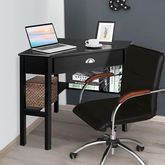 LDAILY Corner Desk, Triangle Corner Computer Desk for Small Space, Compact Writing Desk with Storage Shelves & Drawer, Space Saving Small Makeup Vanity Desk for Bedroom, Home Office, Black