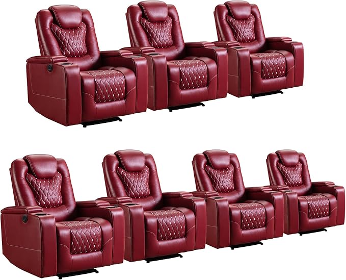 ANJ Power Recliner Chair Set of 7, Electric Soft Faux Leather Reclining Home Theater Seating - USB Ports, Cup Holders, Hidden Arm Storage Movie & Media Room Chairs (Red)