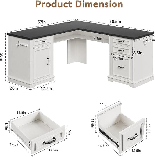 Farmhouse L Shaped Executive Desk with 4 Drawers, Home Office Desk with Hidden Under-Desk Storage Shelf and Charging Station, File Cabinet Storage, Wood Corner Computer Desk for Work(White+Black)