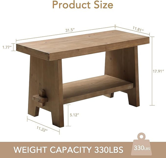 HOKYHOKY Solid Wood Entryway Bench - 31.5" Farmhouse Small Storage Bench, Rustic Narrow Bench Seat for Indoor, Entryway, Dining Room, Living Room and Hallway, Brown
