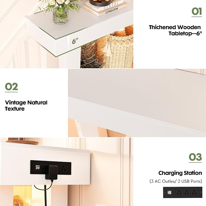 Unikito 47" Entryway Table with Socket and Sensor Light, Narrow Console Table with Storage Behind Couch, Farmhouse Entry Way Tables with Open Storage for Entrance/Hallway/Living Room, White
