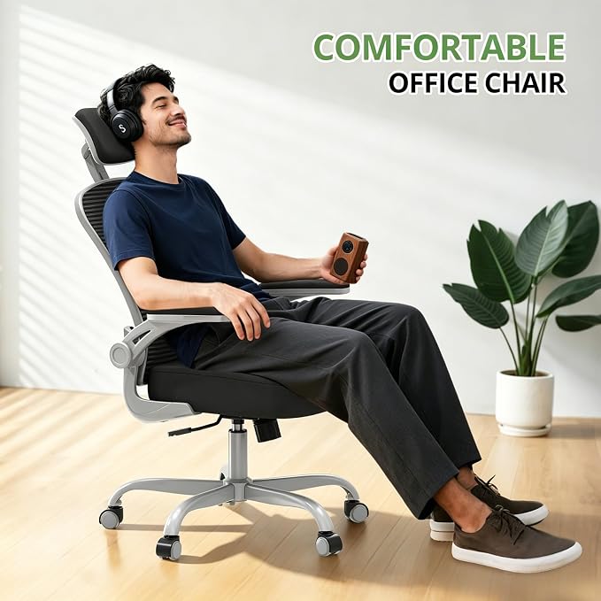 Office Chair Ergonomic Desk Chair, 330LBS Capacity, High Back Computer Design for Long Hours Comfort, Rolling Swivel for Home Office, Flip-up Armrests, Grey Black