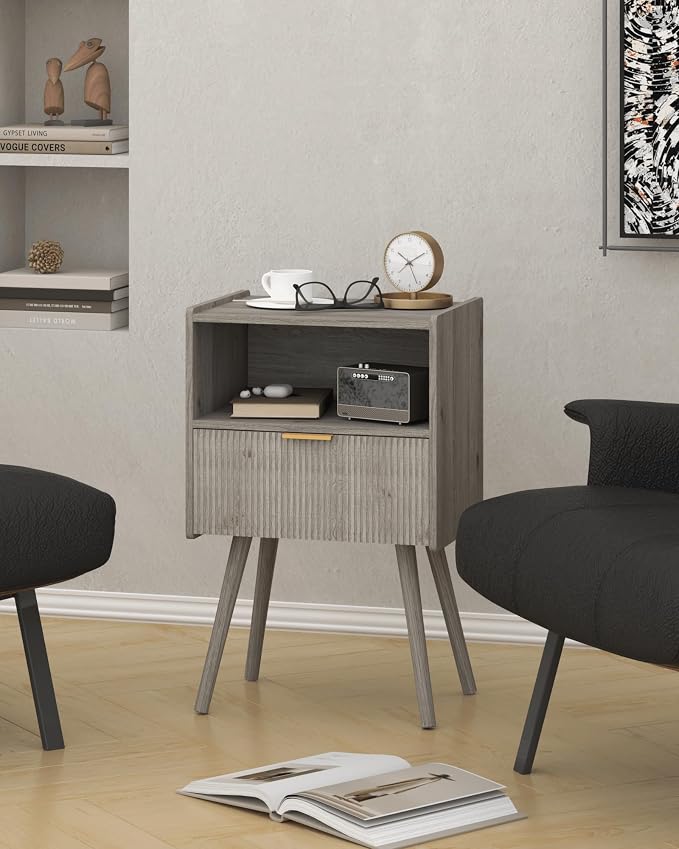 JOONEE Nightstand,Modern Bedside Table with Storage Drawer and Open Wood Shelf, for Living Room, Bedroom and Small Spaces, Accent Night Stand with Solid Wood Legs, Easy Assembly,Grey Oak