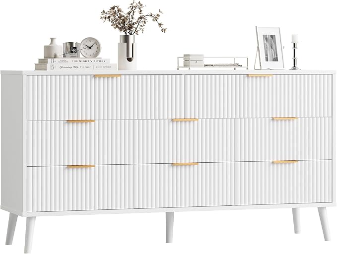 Fluted Dresser for Bedroom with 8 Drawers, Wooden Dresser with Metal Handle, White Dresser for Bedroom, Wood Closet for Hallway, Modern Storage Organizer for Living Room BDR104WW