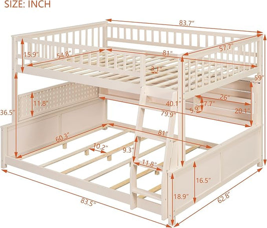 Merax Full Over Queen Bunk Bed,Wood bunk Bed with LED,Bed with Integrated Shelving, Color-Changing Lights and Pegboard, Full XL Over Queen, Beige