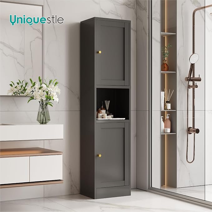 67" Tall Narrow Storage Cabinet with Doors and Open Shelf,Metal Pantry Cabinet,Shaker Style Slim Cabinet with Adjustable Shelves,for Bathroom Kitchen Laundry Small Spaces, Black, 1Pc