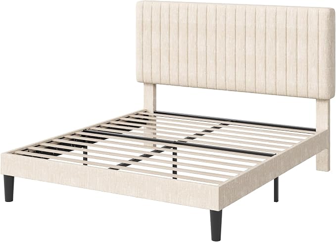 Allewie Full Bed Frame, Upholstered Platform Bed with Adjustable Vertical Channel Tufted Headboard, Mattress Foundation with Strong Wooden Slats, Box Spring Optional, Easy Assembly, Chenille White
