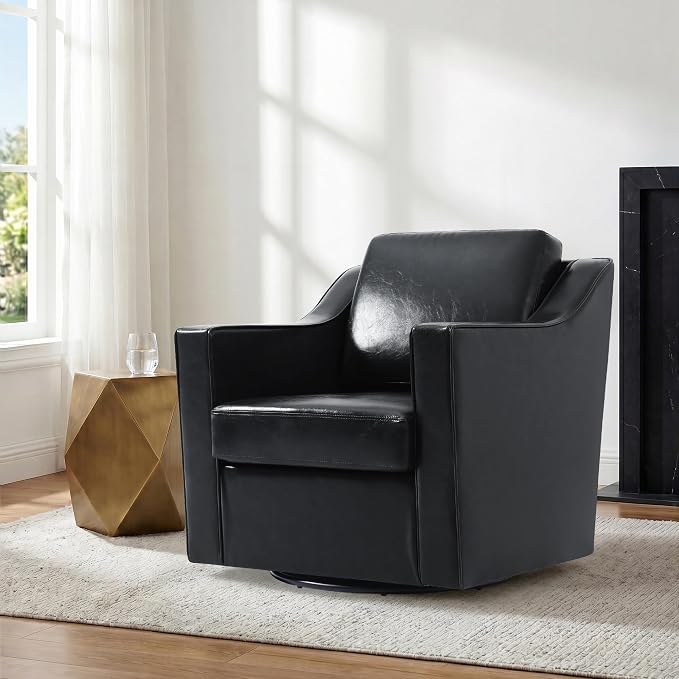 Swivel Accent Chair, Modern Round Barrel Arm Chair for Living Room, Bedroom, Comfy Club Reading Chairs for Adults (Leather Black, Set of 1)