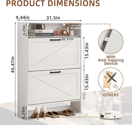 RWYHG Shoe Cabinet Storage for Entryway with 2 Flip Drawers Open Storage Layer Rack Narrow Organizer Slim Hidden Wood Shoe Cabinet Furniture White