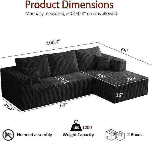 108" Modular Sectional Sofa, L-Shaped Cloud Couch with Deep Seats & Chaise, Convertible 4-in-1 Corduroy Boneless Couches for Living Room, Bedroom, No Need Assembly,Black(Right Facing Chaise)