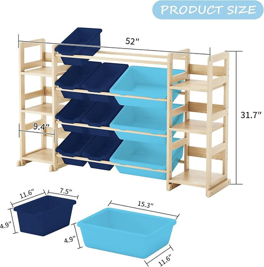 EXPERLAM Extra Large Toy Storage - Toy Storage Organizer, Wooden Toy Organizer with 6 Side Shelves and 12 Bins, 3-in-1 Bookshelf for Kids Rooms, Playroom, Nursery, Blue