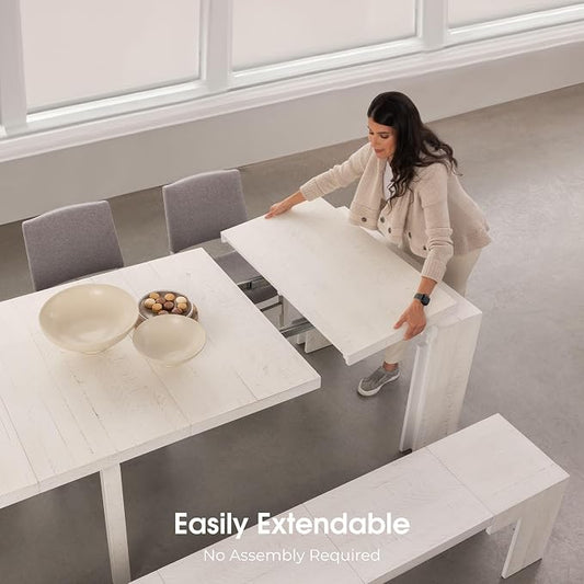 Transformer Table - Solid Wood Extendable Dining Table, Seats 2-12, Expandable Dining Room Table, Space-Saving Furniture, Kitchen and Dining Room Furniture (White, Table + 2 Benches)