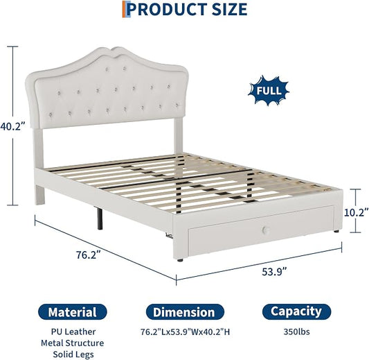 Garvee Full Size Bed Frame with LED Lights & Velvet Crystal Button Headboard, Upholstered Boy/Girl Platform Bed with Storage Drawer, Noise Free, No Box Spring Needed for Kids, Teens, Beige
