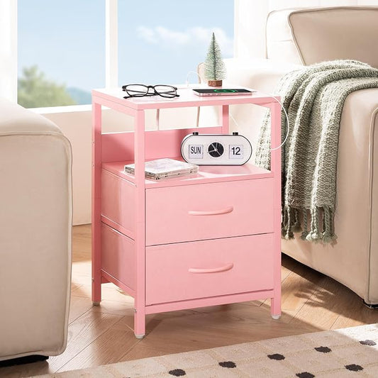 Yoobure Nightstand with Charging Station, Small Night Stand with Fabric Drawers and Storage Shelf for Bedrooms, Nightstands for Small Spaces, Bedside Table with USB Ports & Outlets Bed Side Table