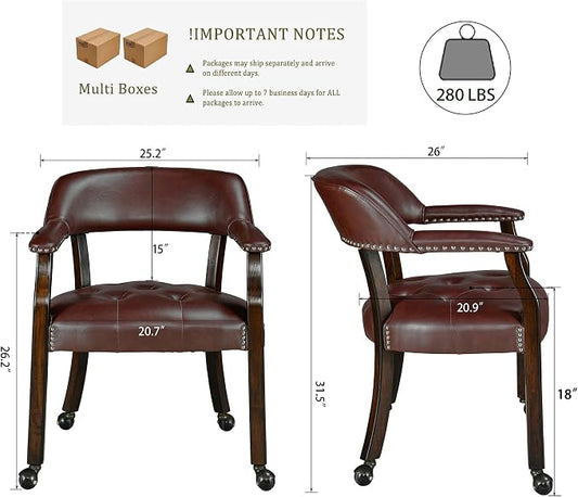 LEEMTORIG Set of 4 Large Dining Chairs with Casters and Arm, Rolling Dining Chairs with Wheels, Poker Table Chairs, Boss Caption's Chairs, 26"D x 25.2"W x 31.5"H Espresso Legs & Wine Red, XXY-1910-WR