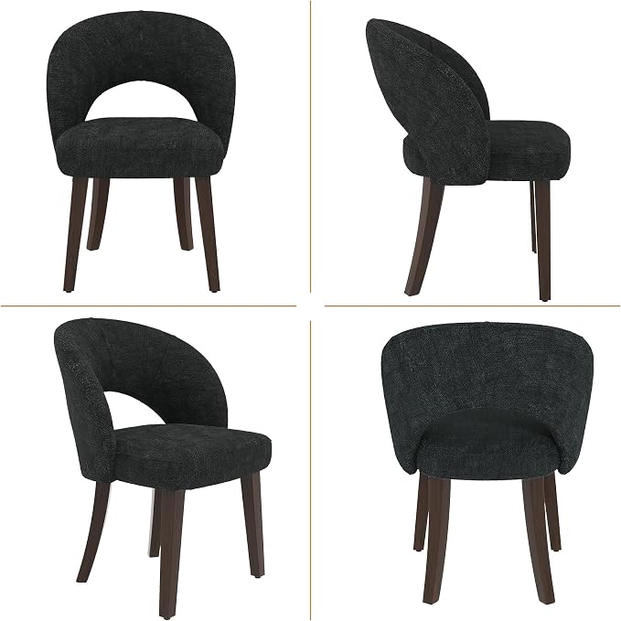 Dining Chairs Set of 2, Mid Century Modern Dining Chairs with Solid Wood Legs, Curved Back Kitchen Chair Farmhouse Side Upholstered Chairs for Kitchen Dining Room, Black