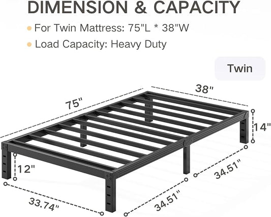Twin Size Bed Frame 14" High Heavy Duty Platform Bed Frame,Sturdy Steel Frame,No Box Spring Needed,Noise-Free,Easy Assembly