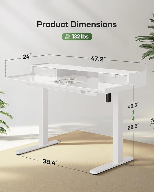 Marsail 48x24 inch Glass Standing Desk with Drawers, Computer Desk with Monitor Stand, Home Office Adjustable Table with Drawers, 4 Preset Heights, Stand up Table for Home, Office, White