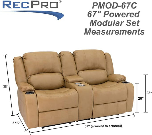 RecPro Charles 67" Powered Double RV Wall Hugger Recliner Sofa RV Loveseat with Upgraded 2023 Fabric (Toffee)