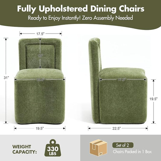 Hyfirm Upholstered Dining Chairs Set of 2, Mid-Century Scandinavian Parsons Armless Chairs with Plush Seat Cushion for Diningroom Bedroom Livingroom Reading Room,Green Fabric