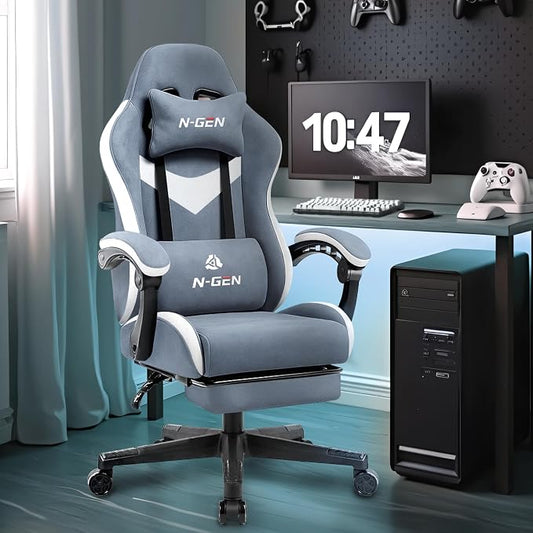 N-GEN GAMING Video Gaming Chair with Footrest Lumbar Support for Home Office High Back Recliner Height Adjustable Ergonomic Comfy Fabric Computer Desk Chair (Blue)