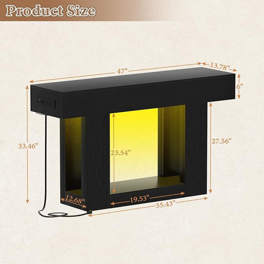 Unikito 47" Console Table with Outlets & LED Lights, Farmhouse Entryway Table with Unique Lattice Geometric Pattern, Sofa Table Behind Couch with 2-Tier Storage for Living Room, Hallway, Foyer, Black