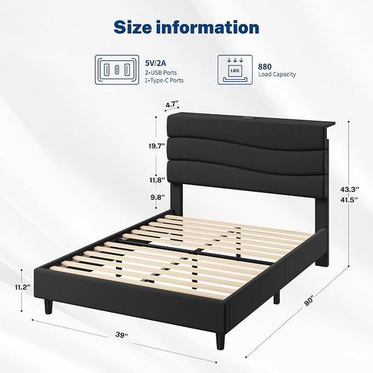 EnHomee Twin Size Bed Frame with Upholstered Headboard,Adjustable Height Platform Bed,Charging Station,No Box Spring Needed,Easy Assembly,Noise-Free Black