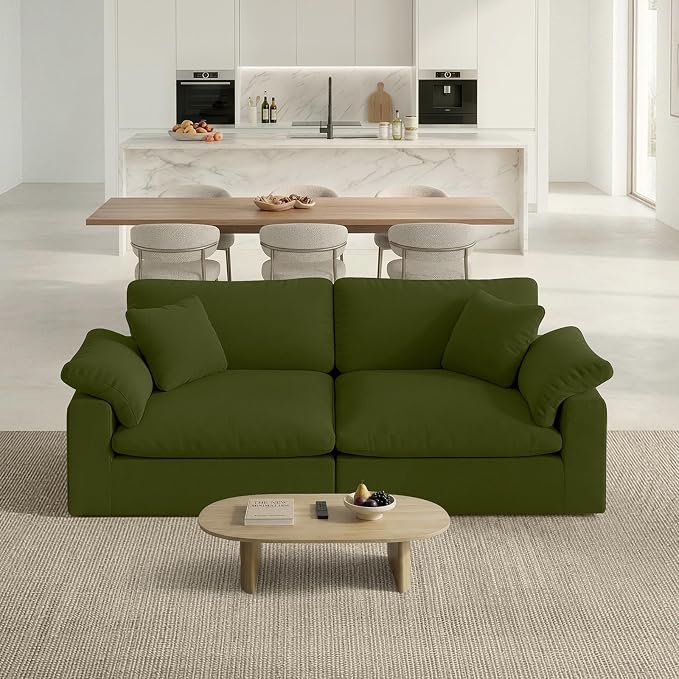 Modular Sectional Sofa Cloud Couch,78.6" Down Filled Comfy Cloud Modern Sofa,2 Seater with Green Linen Couch Cushion Covers Removable Furniture for Living Room