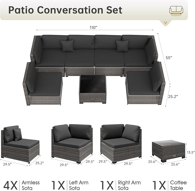 LHBcraft 7 Piece Patio Outdoor Furniture Set, Outdoor Sectional, All-Weather Hand-Woven Wicker Black Patio Sectional, Rattan Outside Furniture with Cushion and Glass Coffee Table