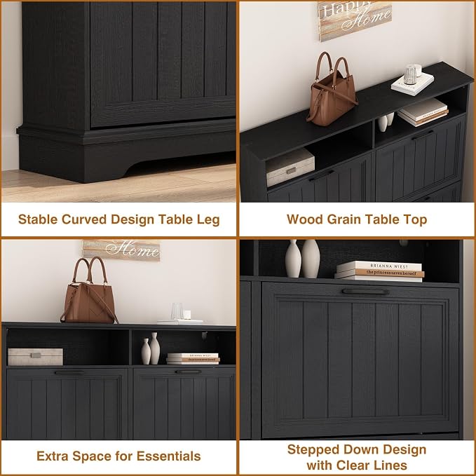 Shoe Storage Cabinet with 4 Flip Drawers, Farmhouse Modern Hidden Shoes Rack Cabinet with Adjustable Shelves & Open Storage, Narrow Slim Shoe Organizer for Front Door Entrance, Entryway, Hallway,Black