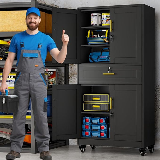 71" Metal Garage Storage Cabinet with Wheels and Locking Doors | Tall Rolling Steel Tool Cabinet with 3 Adjustable Shelves for Garage,Home Office(Black, 71" H x 35.43W x 15.74" D)