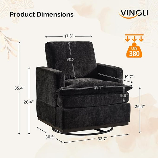 VINGLI 360° Swivel Accent Chair with Double-Layer Seat Cushions, Comfy Single Square Sofa Armchair, Upholstered Club Chair for Living Room,Bedroom, Reading Room, Chenille Black