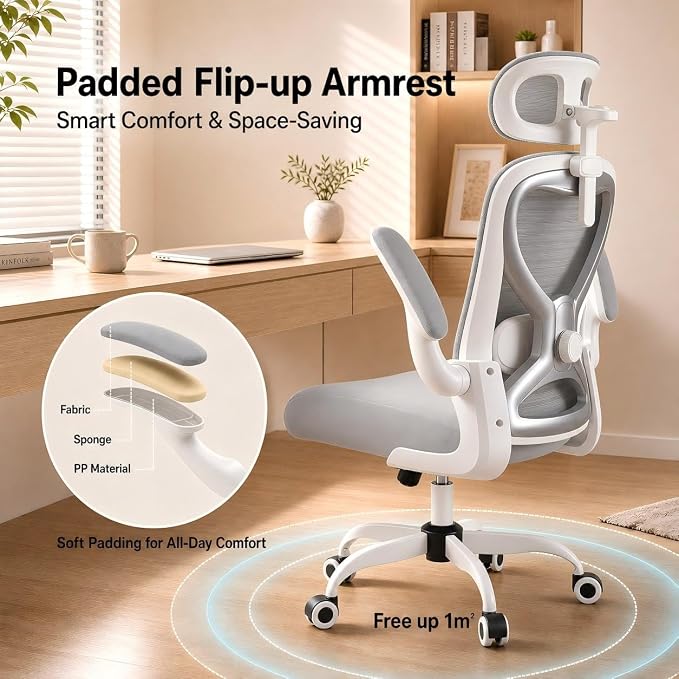 Ergonomic Office Chair for Back & Neck Pain Relief, Virgin Foam Seat, 2D Adjustable Lumbar & 3D Headrest, Tilt & Rock for Relaxation, Ideal for Long Sitting Comfort, Gray/Silver