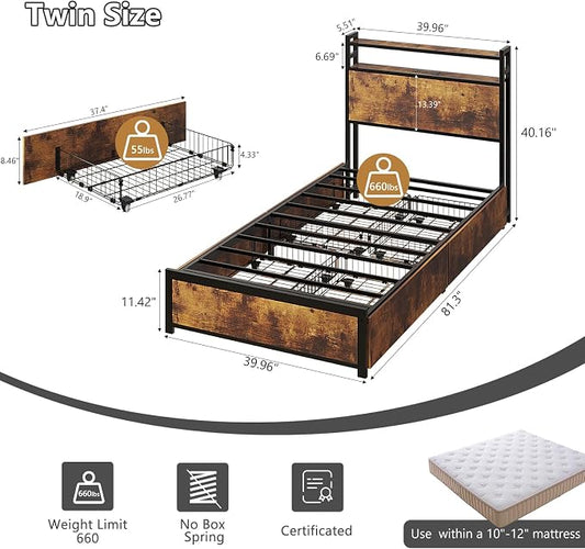 VINGLI Bed Frame Twin Size with 4 Storage Drawers and Storage Headboard, Metal Platform with Charging Station and LED Lights, No Box Spring Needed, Easy Assembly, Vintage Brown