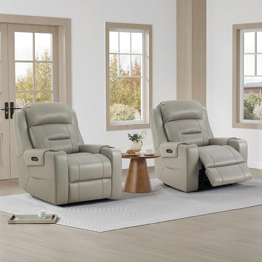 Watson & Whitely Genuine Leather Power Recliner Chairs for Adults, Lay Flat Recliner with Power Headrest, USB Ports and Cup Holders, Electric Reclining Sofa for Living Room, Bedroom, Grey