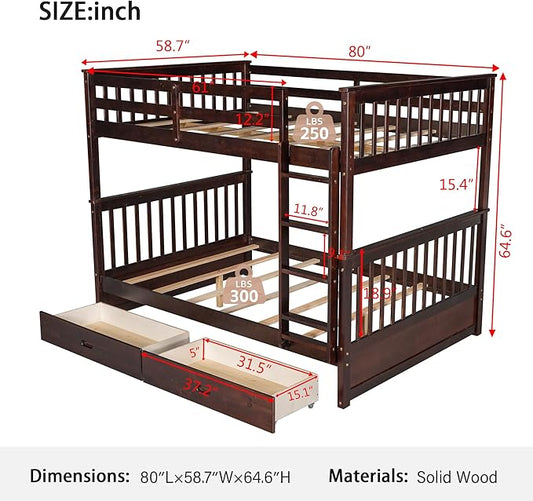 Merax Wood Bunk Bed with Drawers, Full Over Full Convertible Bunk Bed with Ladders and Two Storage Drawers,Solid Wood Detachable Bed Frame with Ladders, Espresso
