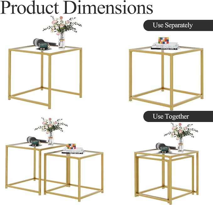 Garden 4 you Coffee Table Set of 2, Modern Glass Nesting Table, Metal Frame Square Center Table Set, Side Tables, Nesting Coffee Table for Living Room, Bedroom and Small Spaces, 19.7in Gold