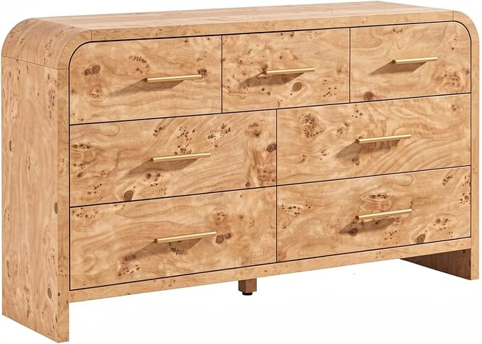 Curved 7 Drawer Dresser for Bedroom, 53.82'' Wide Chest of Drawers, Modern Storage Cabinet for Hallway & Living Room TV Stand, FSC Certified 1.18" Thick Board, 100 lbs Top Weight, Light Burl