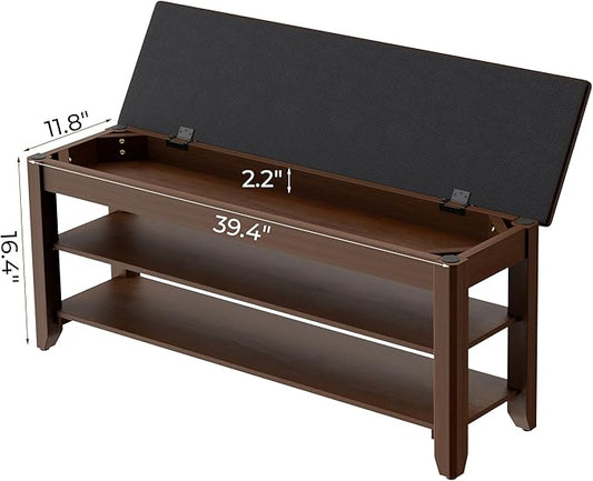Homleke 2-Tier Solid Wood Shoe Rack Bench with Flip-Top Storage | Entryway Bench with Cushion, Adjustable Shelf, Holds Up to 10 Pairs, for Hallway, Bedroom and Closet, Walnut, 39.4 Inch